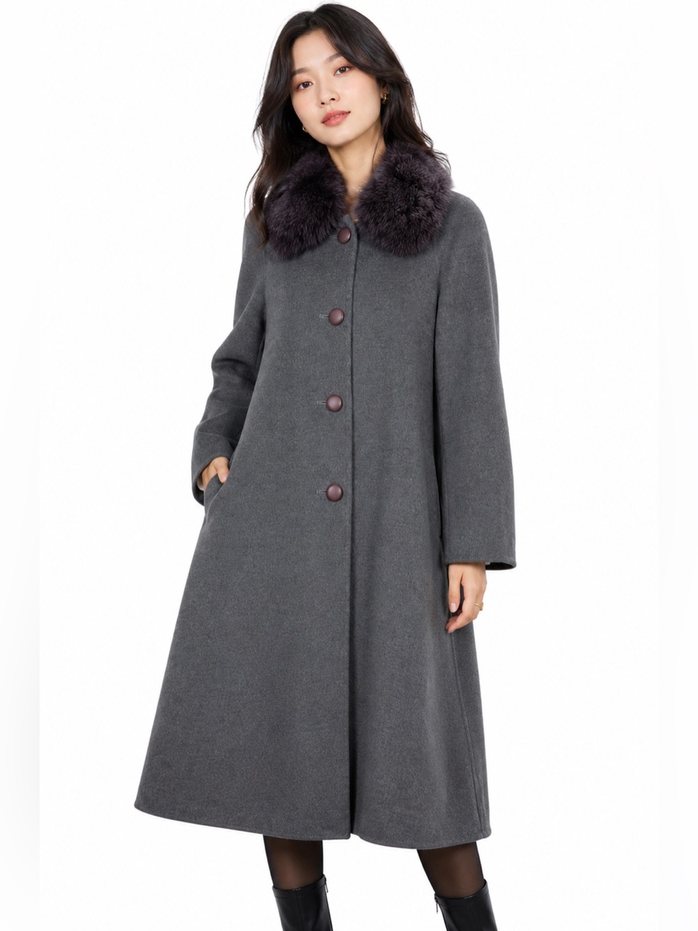 Quiet Luxury Wool Angora Blend Long Coat Fox Fur Collar Old Money Minimalist